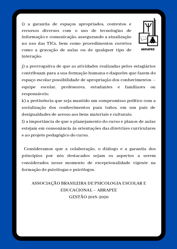 A Associação Brasileira de Psicologia Escolar e Educacional – ABRAPEE vem a público manifestar o seu respeito aos trabalhadores e trabalhadoras do Brasil, que de forma aguerrida estão enfrentando as adversida (1)_page-0003